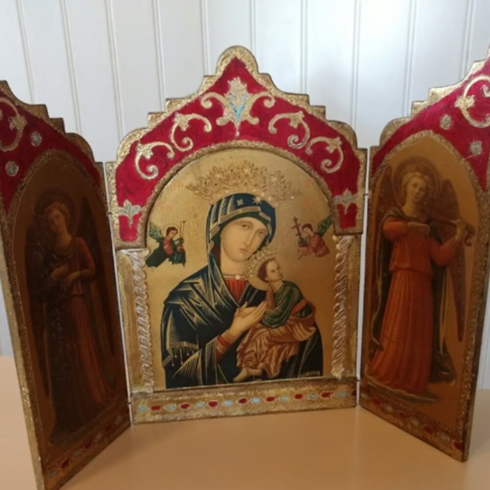 Vintage Italian Florentine Triptych Madonna Child & Angels Religious Icon Art